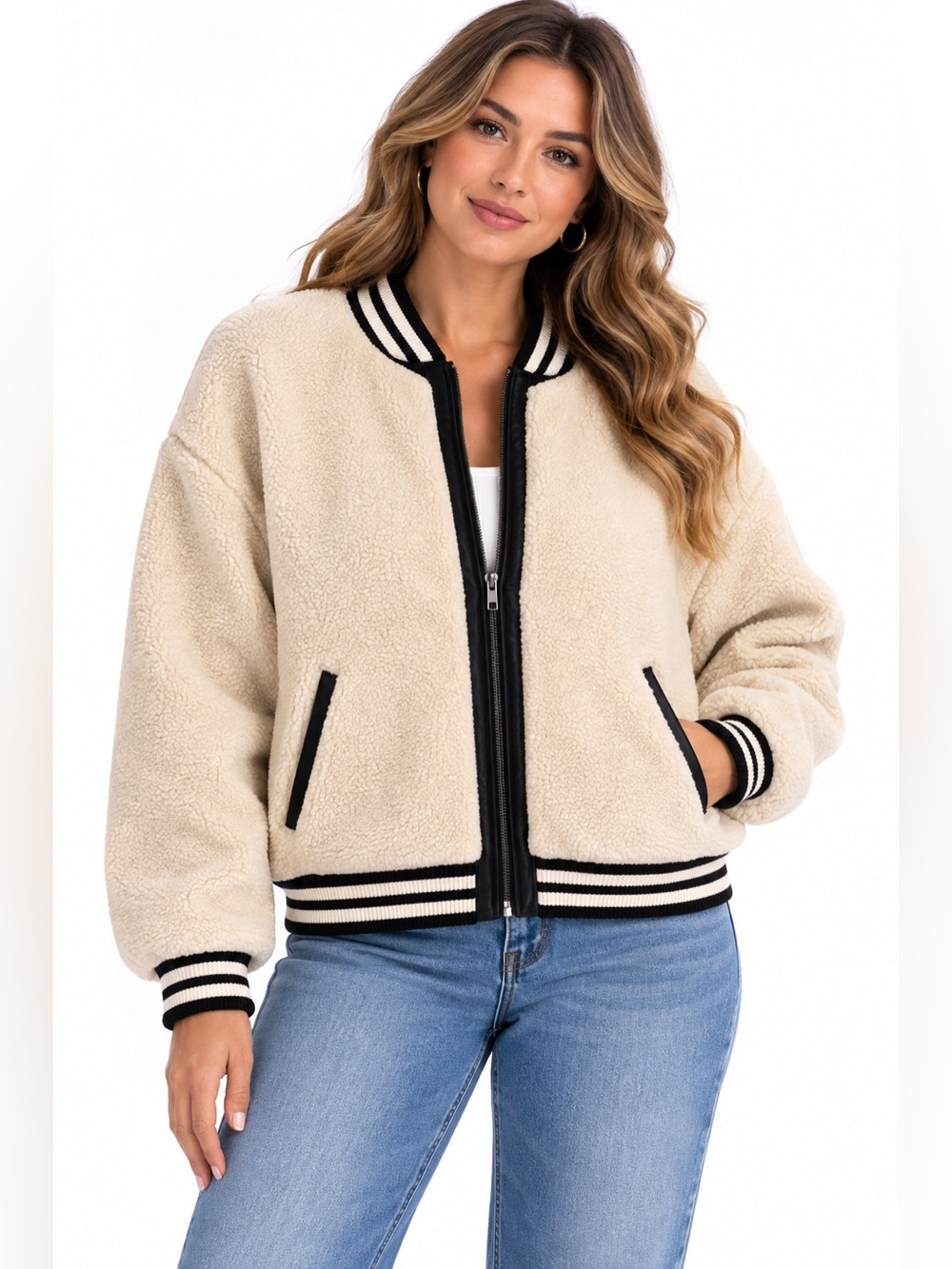 saltwater LUXE Cream Sherpa Bomber Jacket with Black Trim